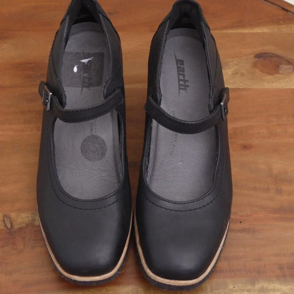 Earth Women Boden Wedge Mary Jane Shoes Black Leather Comfort 8B